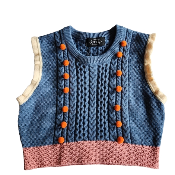 Cider Crop Sweater Vest Ruffle Pom Pom Cable Knit BOHO Blue Pink Orange LG NWT - Picture 11 of 14